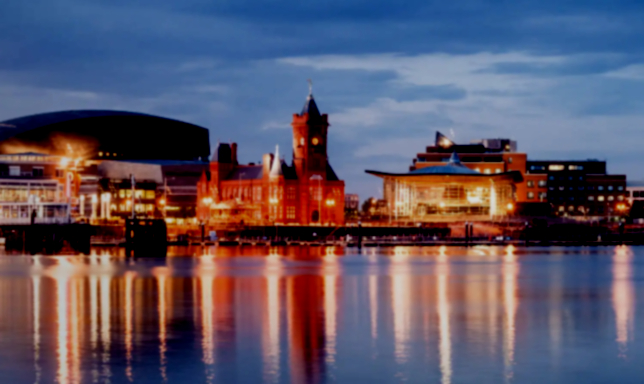 Far off, Cardiff Bay at night